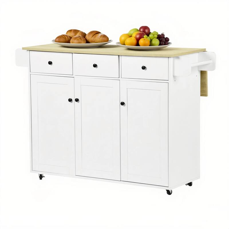 Homy Casa Oak White Kitchen Cabinet with Casters, 3 Drawers & 3 Doors