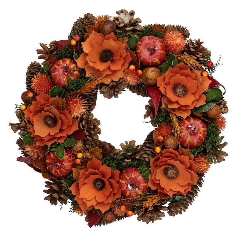 Autumn Harvest Orange Flowers Gourds Pine Cone Wreath 13.25 Inch Unlit