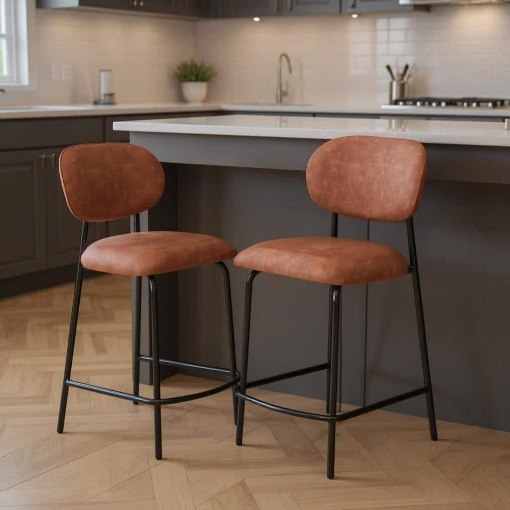 HomeRoots Set of Two 26" Brown and Black Faux Leather and Metal Counter Height Bar Chairs