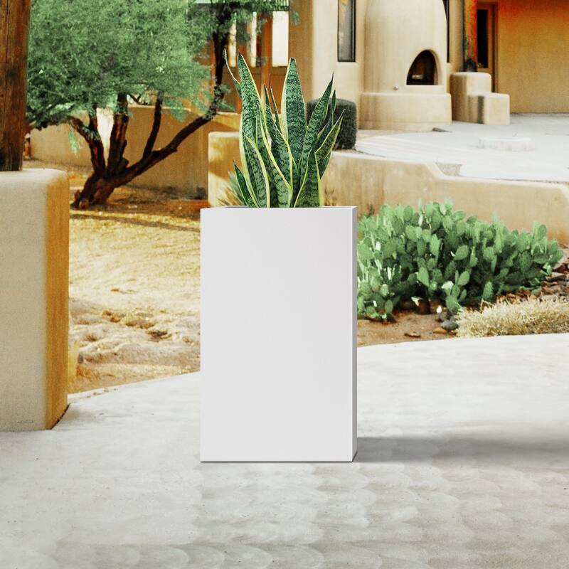 Plantara 20" H Solid White Concrete Square Plant pot, Tall Flower pot with Drainage Hole, Modern Garden planter for Outdoor