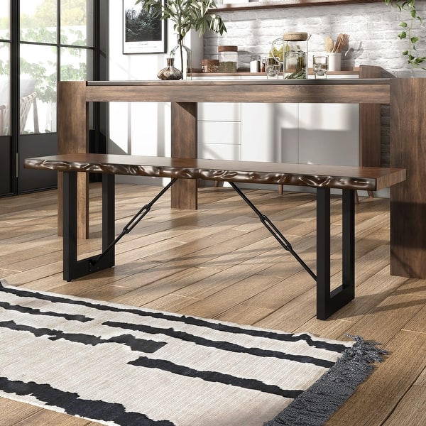 slide 2 of 8, Mass 54" Farmhouse Wood Dining Bench with Metal Legs by Furniture of America Walnut