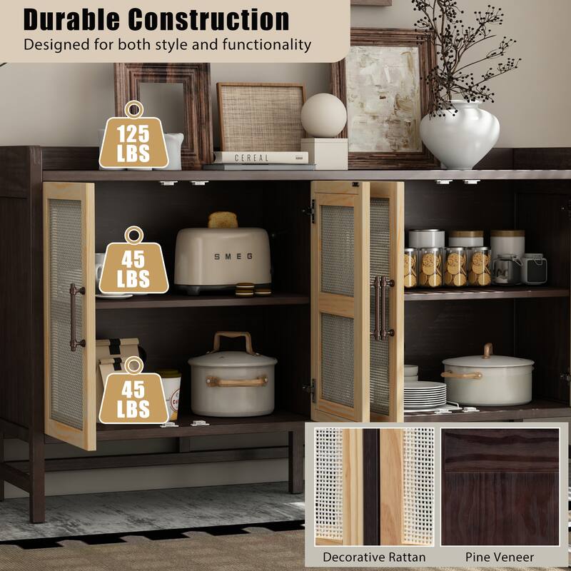 Rustic Decorative Rattan Doors Sideboard with Adjustable Shelves for Entryway
