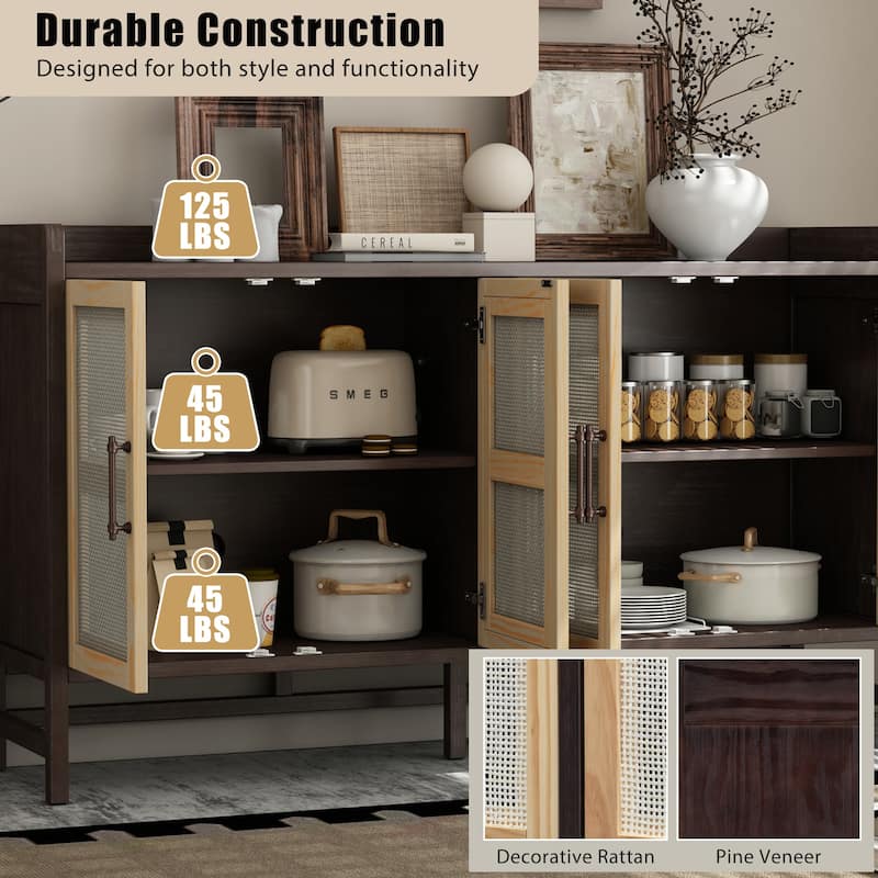 Sideboard Rustic Buffet Cabinet, sideboard cabinet with Decorative Rattan Doors, Buffet Cabinet with Storage