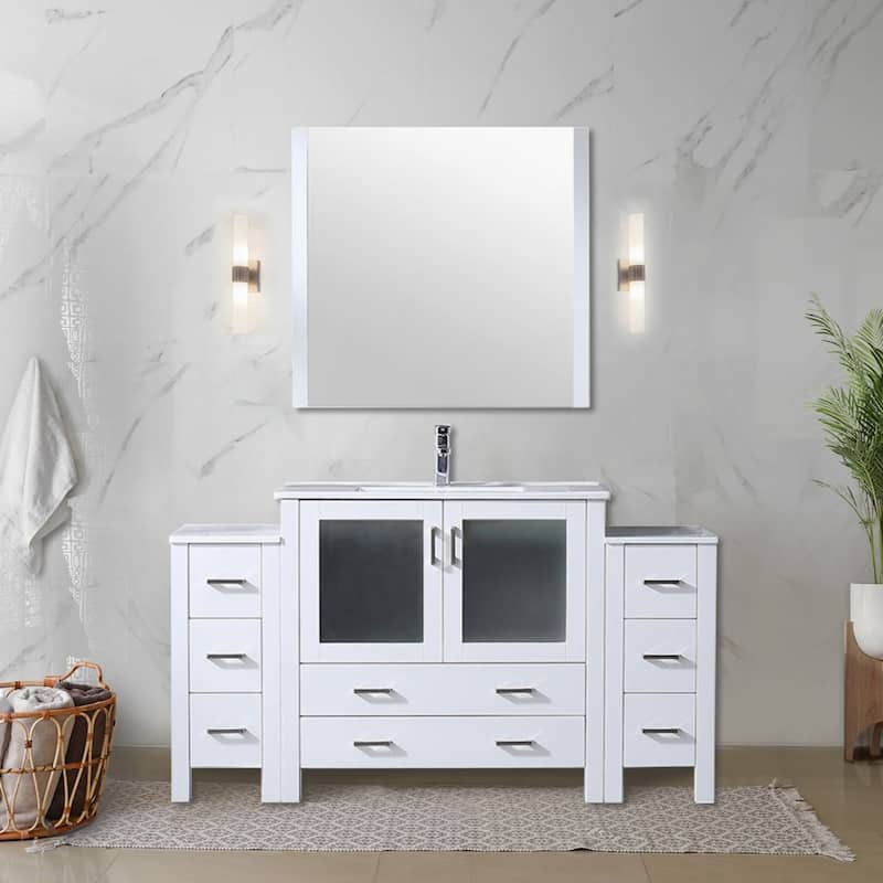 60 in. Navy Blue Double Vanity with White Ceramic Top, Two Side Cabinets, 22 in. Mirrors, Soft Close, Ample Storage