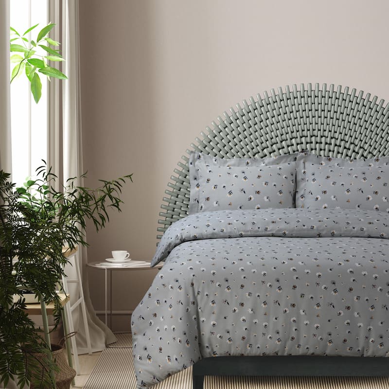 170-GSM Cozy Cotton Flannel Printed Oversized Duvet Cover Set - Floryn Grey - Queen