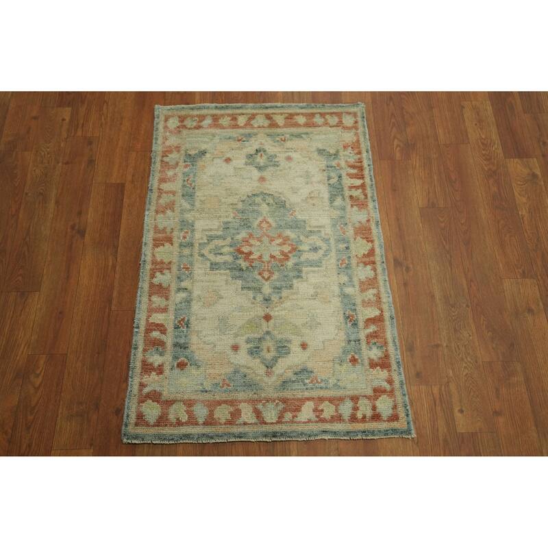 Vegetable Dye Wool Oushak Turkish Foyer Rug, Medallion Geometric Carpet - 2' 11'' X 1' 11''