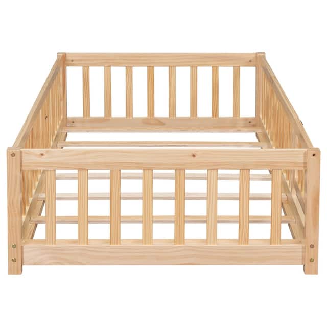 Twin/Full/Queen size Floor Platform Bed with Fence and Door for Kids, Toddlers
