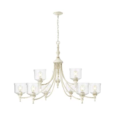 Keating 9 Light Chandelier in Antique Ivory with Hammered Water Glass Shade - White