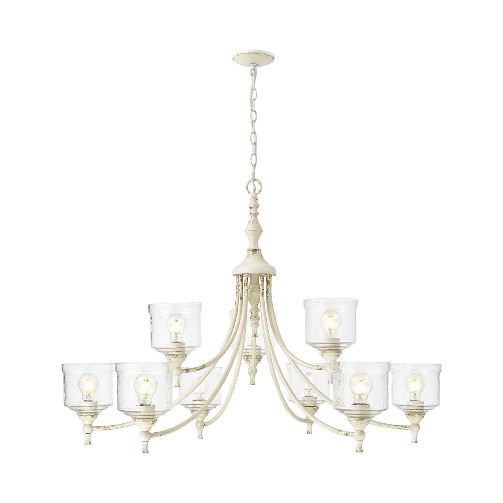 Keating 9 Light Chandelier in Antique Ivory with Hammered Water Glass Shade - White