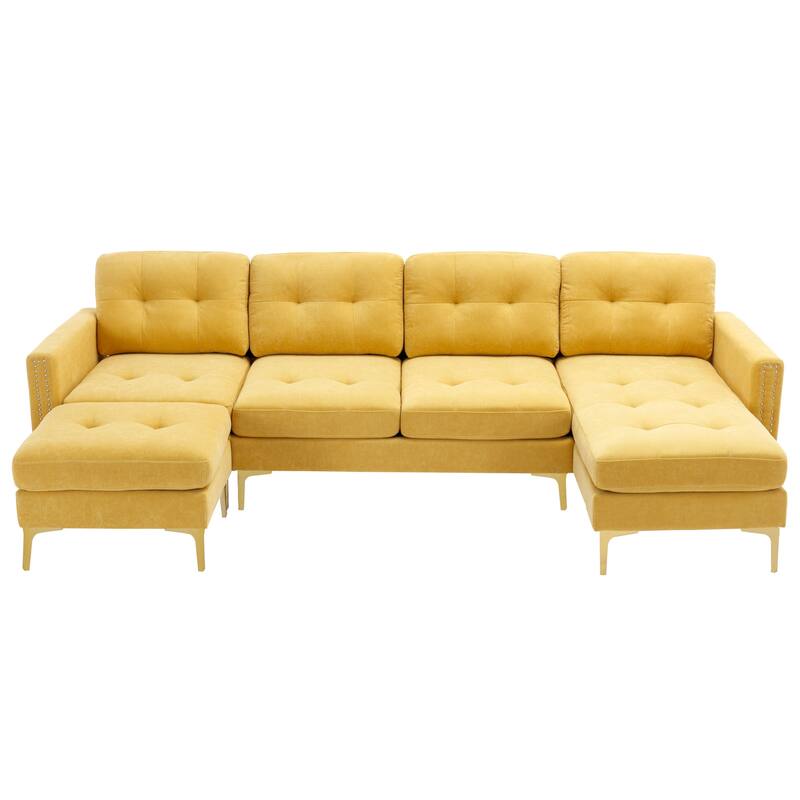 L Shaped Convertible Sectional Sofa with Ottoman, Velvet Fabric 5 Seater Sofa, Upholstered Sofa with Chaise & Storage Pockets