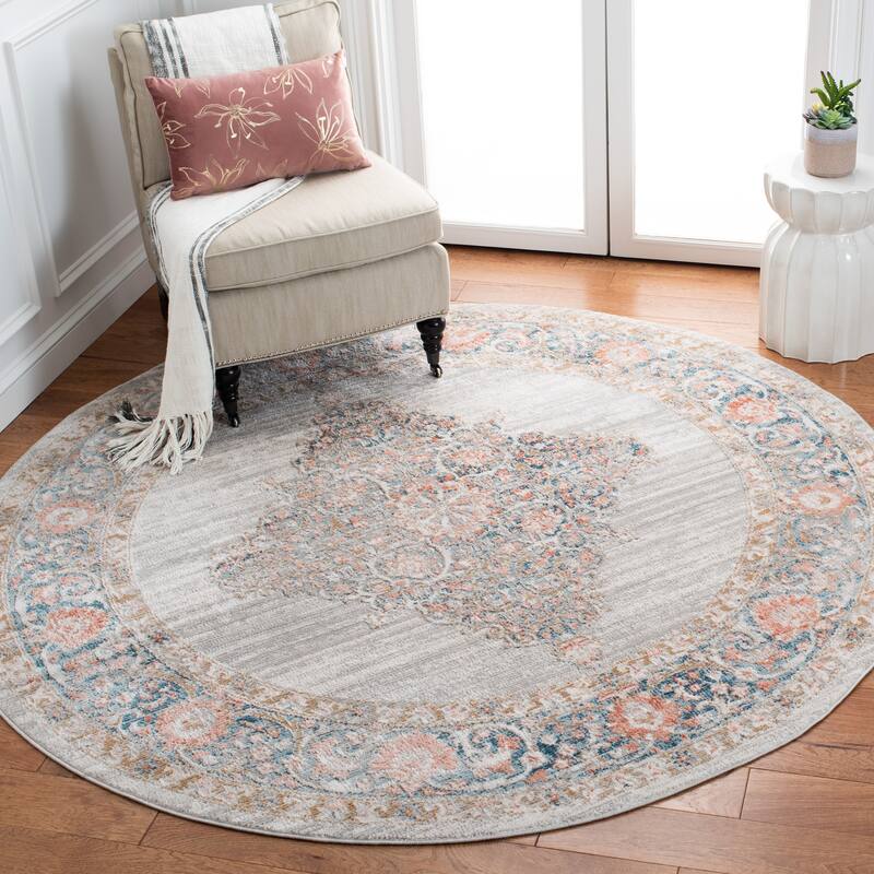 SAFAVIEH Shivan Steinunn Oriental Distressed Rug - 6'7" Round - Grey/Rose