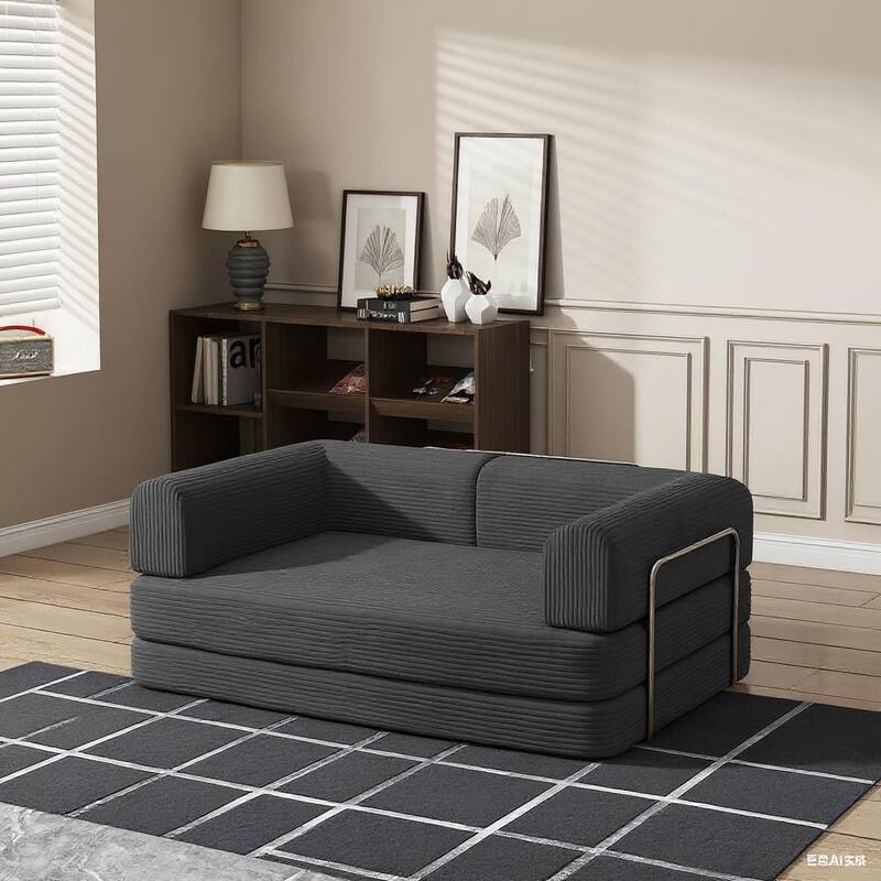 Convertible Corduroy Sleeper Sofa Bed, with Fixed-Shape Frame - Black