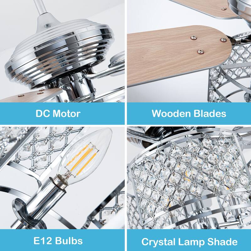 52in. Nickel 6-speed Reversible Crystal Ceiling Fan with Light and Remote - 52