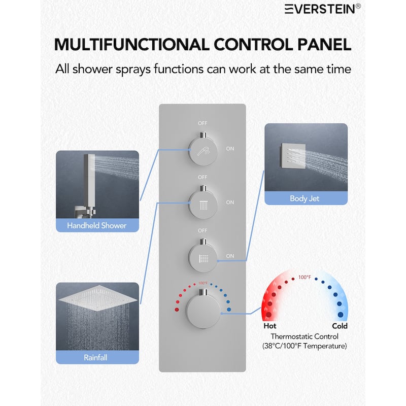 64 Color LED Mood Lighting Thermostatic Shower System,20"Ceiling-Mount Shower Head with 3-Functions Spray