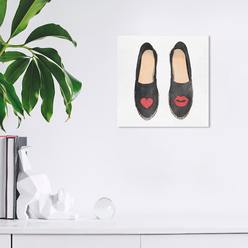 Wynwood Studio Canvas Fashion and Glam Heart And Kiss Slippers Black and Light Red Glam Wall Art Canvas Print - 12 x 12