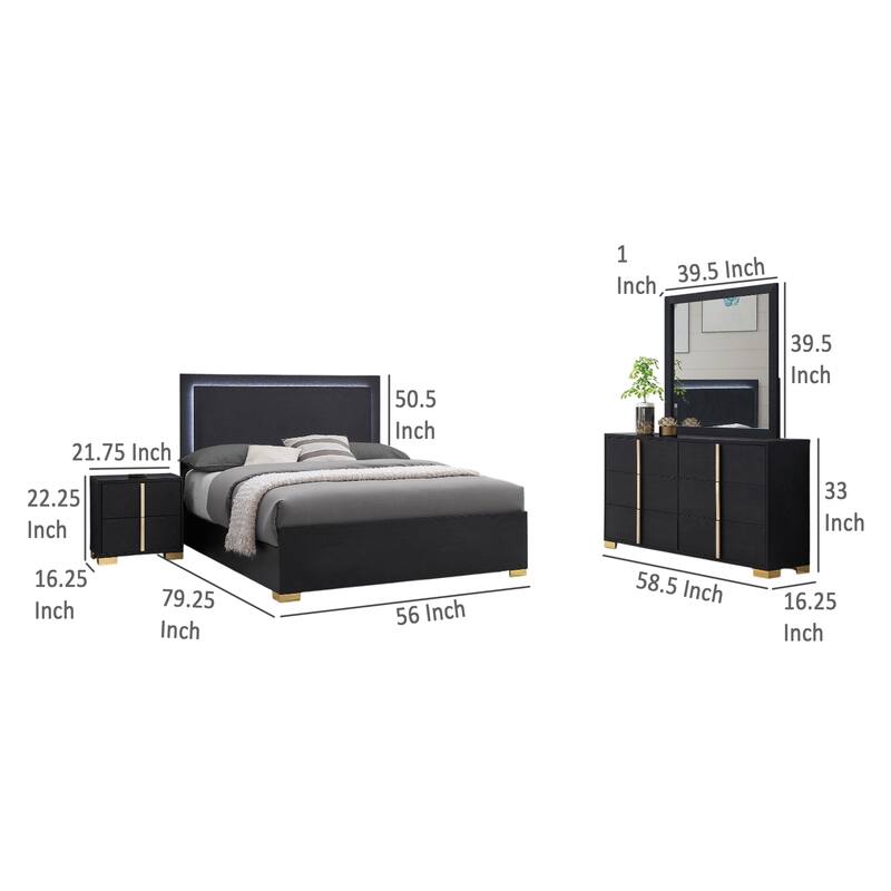 Dex 4 Piece Full Bedroom Set, Black, Gold Accents, LED Headboard