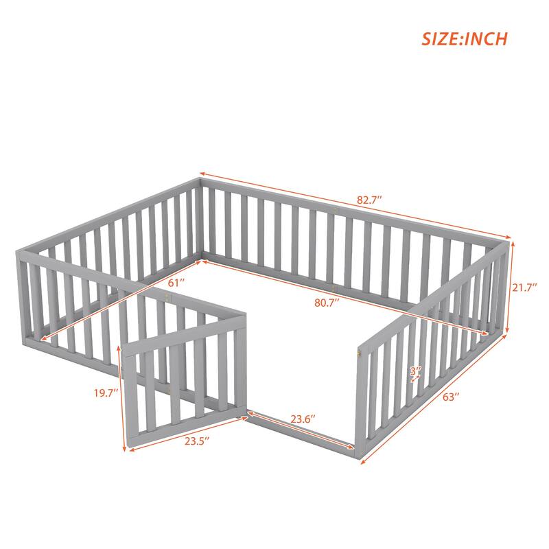 Queen Size Wooden Floor Bed with Fence and Door, Gray