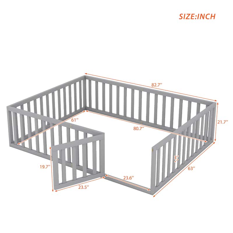 Versatile Queen Size Wooden Floor Bed Frame with Fence - Easy Assembly
