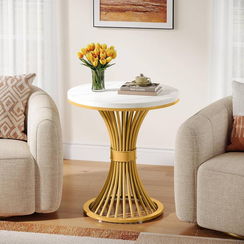 Modern Faux Marble Round End Table for Living Room, Bedroom, Sofa Side, White & Gold - 1pc