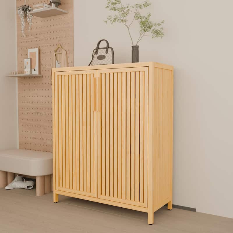 Narrow Freestanding Accent Cabinet Bathroom High Cabinet, Bamboo Storage Cabinet with Doors and Open Shelves