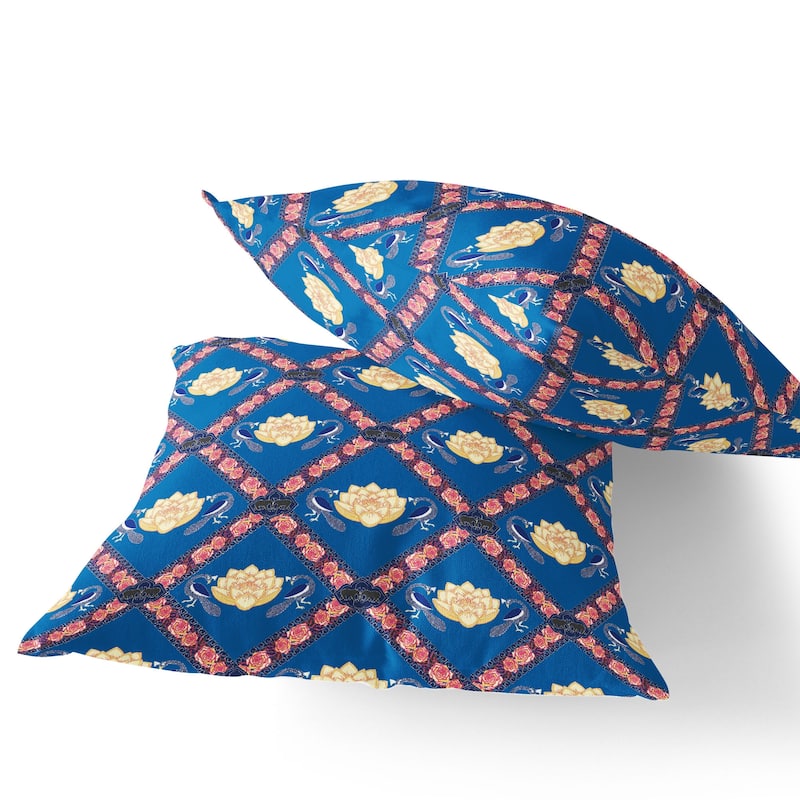 HomeRoots Set of Two 16" X 16" Blue and Pink Peacock Blown Seam Floral Indoor Outdoor Throw Pillow - 16.00' X '16.00' X '5.00