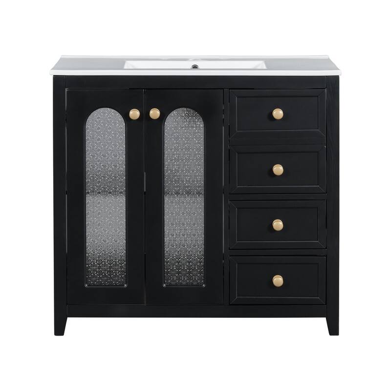 30''/36'' Bathroom Vanity with Sink, 3 Drawers Bathroom Storage Cabinet with Soft-Close Glass Door and Adjustable Shelf