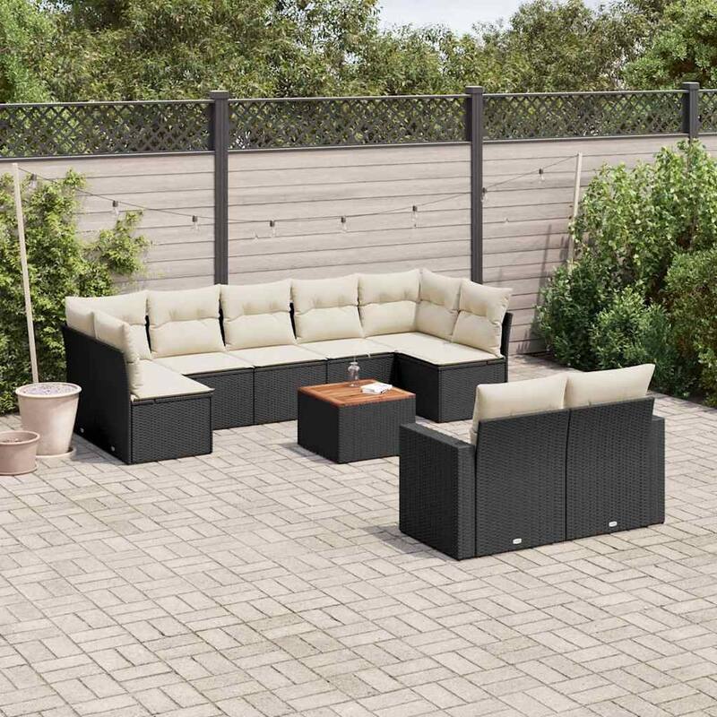 vidaXL Patio Sofa Set with Cushions Outdoor Furniture 10 Piece Poly Rattan - 24.4 x 25.8 x 27.2 - Black and Cream 5x middle + 2x corner + Table