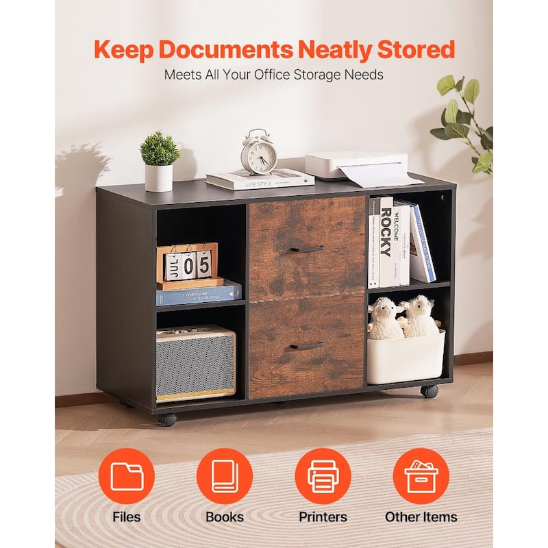 Black Particle Board 2 Drawer File Cabinet with 4 Compartments and Rolling Casters