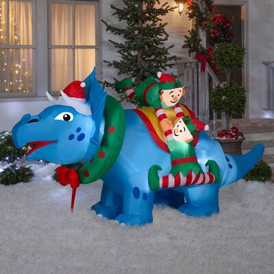 Gemmy Christmas Inflatable Triceratops with Elves, 4.5 ft Tall