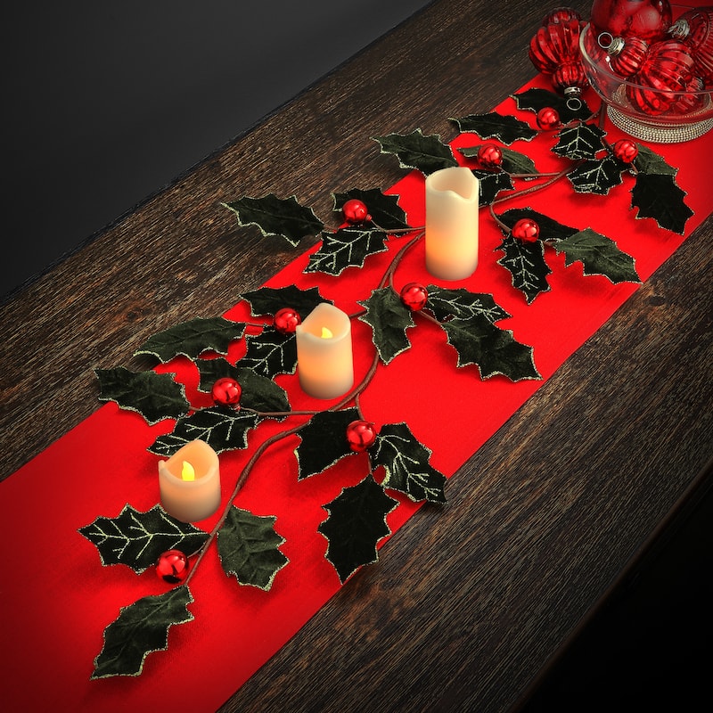 47" Velvet Holly Leaf Garland With Ball - 42