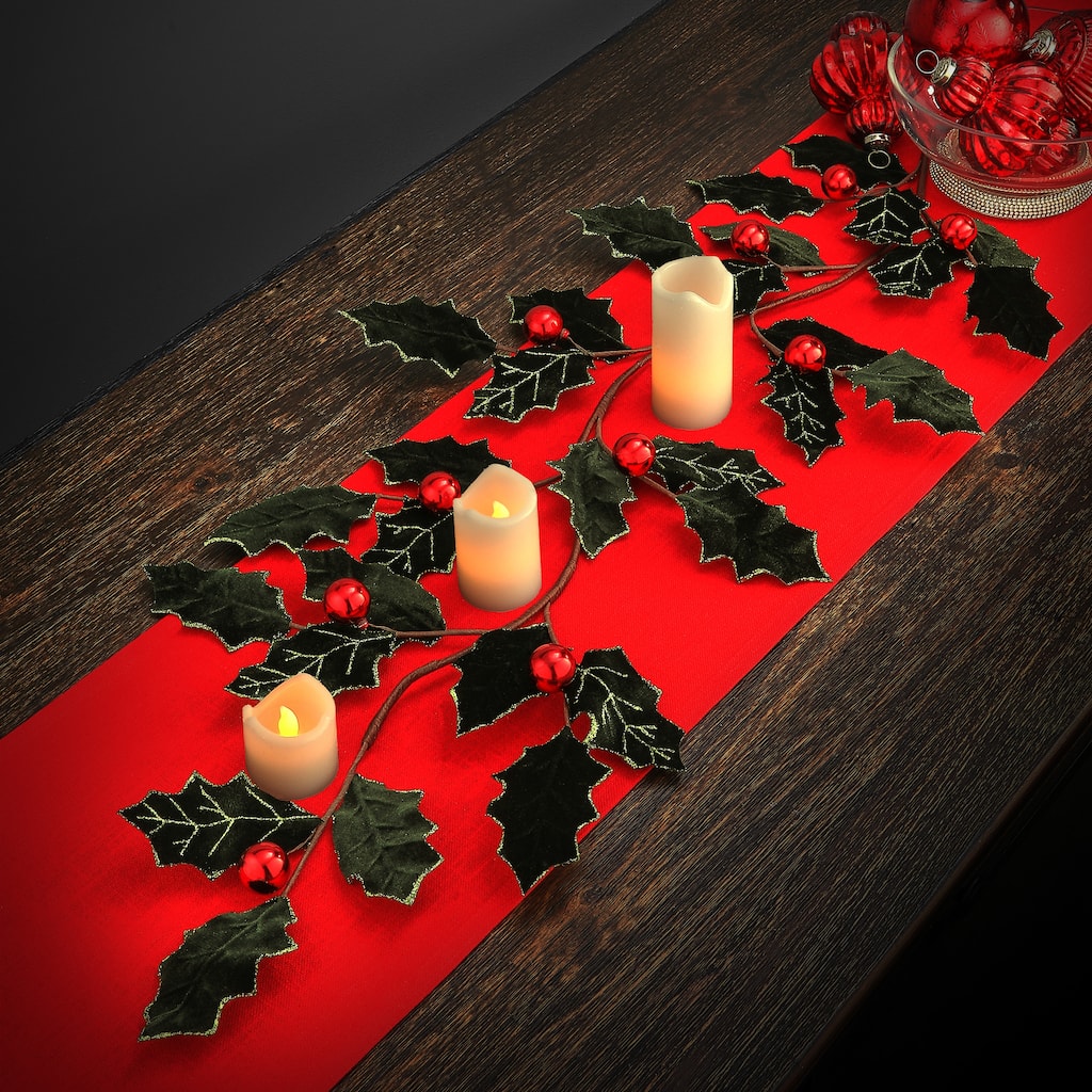 47" Velvet Holly Leaf Garland With Ball - 42