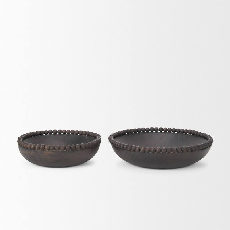 Wendell Dark Brown Wood w/ Wood Beads Round Bowls - 12.0L x 3.3W x 12.0H