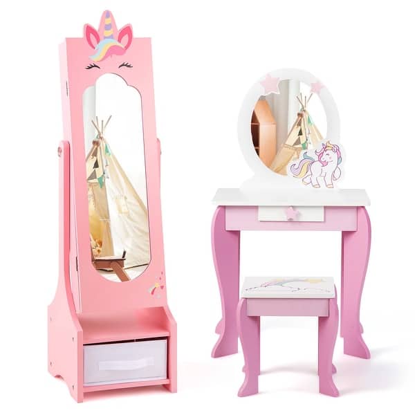 slide 2 of 19, Costway Kids Vanity Set Princess Makeup Dressing Table and Chair Set - See Details Pink