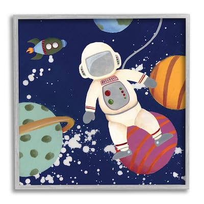 Stupell Playful Astronaut Floating In Space Planets Rocketship Framed Wall Art