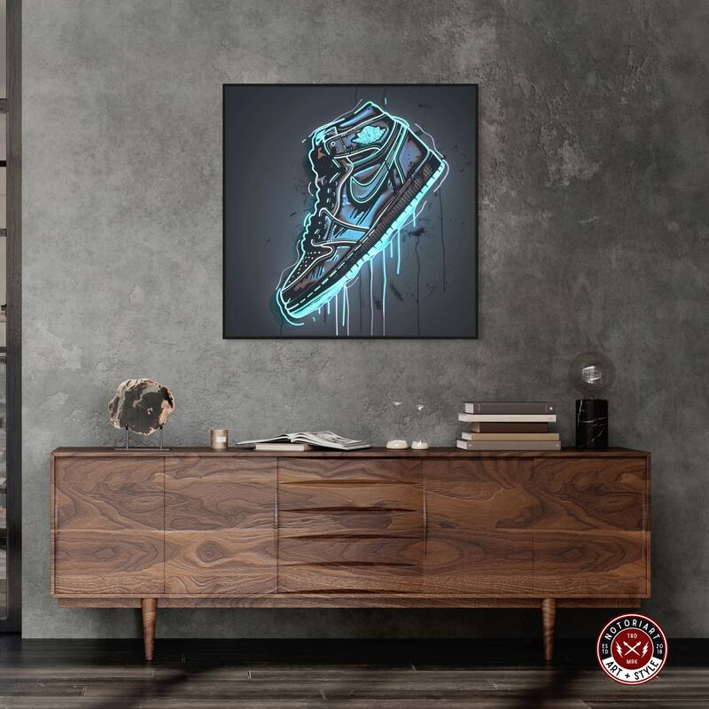 Notoriart Blue Glow Sneaker Framed Sneaker 1 Piece Canvas Wall Art