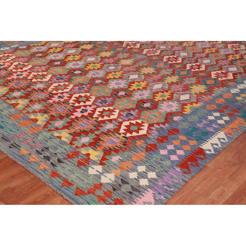 Geometric Kilim Oriental Large Rug Flatweave Dining Room Wool Carpet - 9'10"x 16'1"