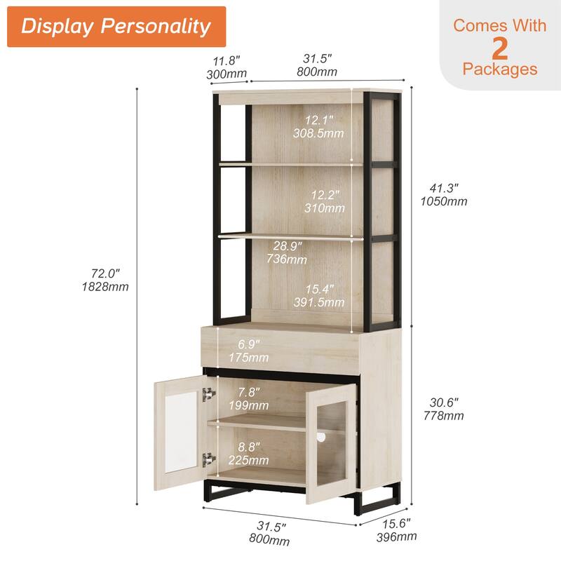 Modern 72" Tall Buffet Sideboard with Drawers and Open Shelves, Storage Cabinet for Dining Room or Kitchen