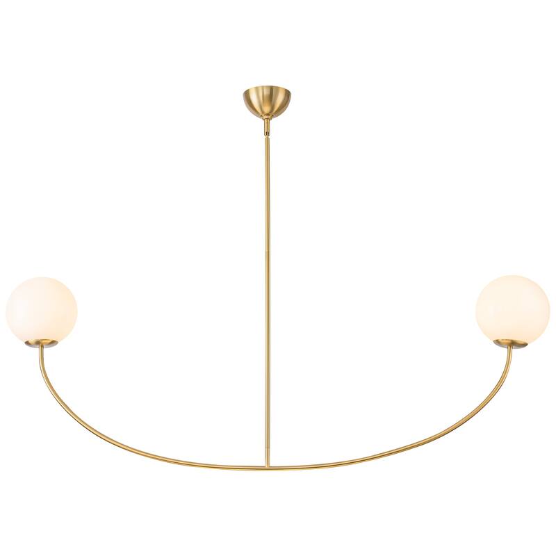 55" Modern Linear 2-Light Brass Finish Island Pendant with Milk White Glass Globe Shades for use in Dining Room
