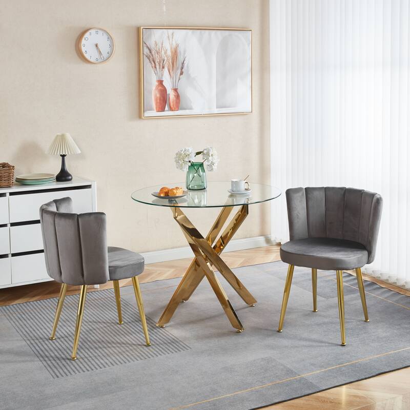 Modern Velvet Dining Chair Set of 2, with Iron Tube Golden Legs and Comfortable Backrest