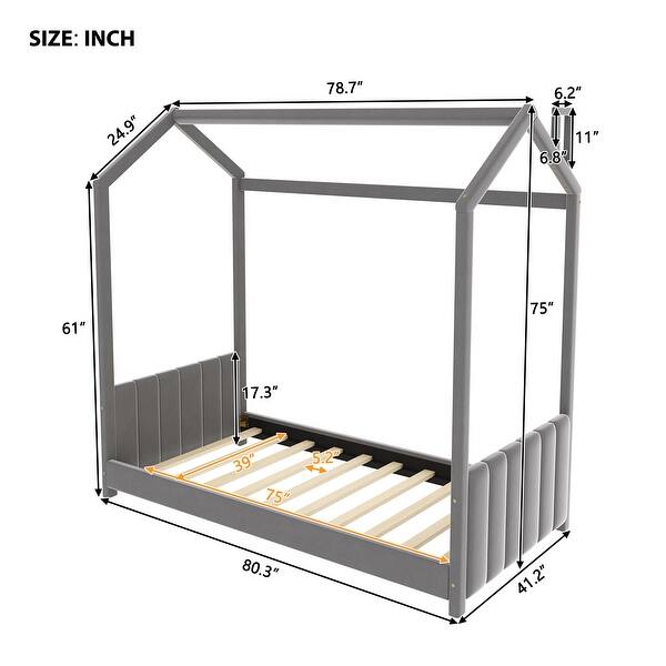 Twin Size Kids House Bed with Roof and Slatted Base, Upholstered Wood Frame for Play and Sleep, No Box Spring Needed