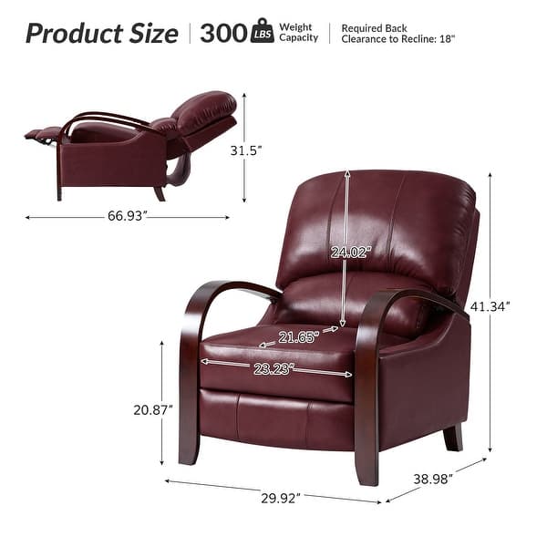 dimension image slide 4 of 14, Alex Mid-century Modern Genuine Leather Manual Recliner with Wooden Curved Arms