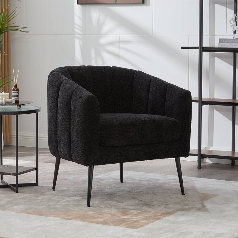 Roomfitters Chenille Barrel Accent Chair, Channel Tufted Vanity Lounge Armchair with Metal Legs for Living Room or Bedroom - Black