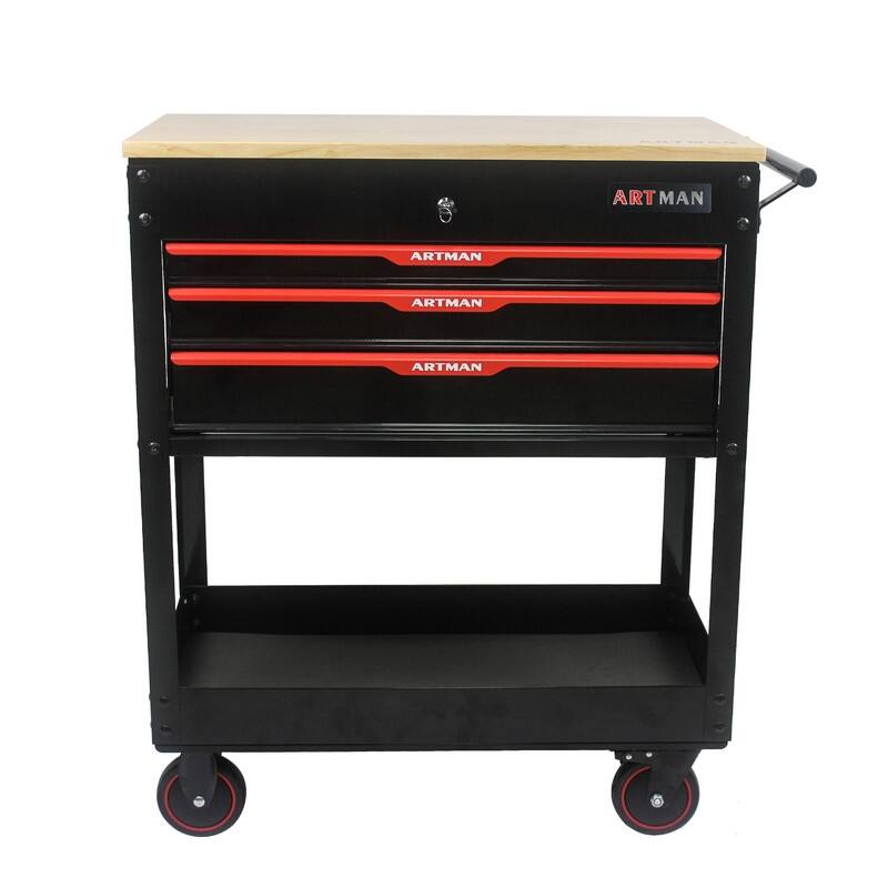 3-Drawer Rolling Tool Cart Garage Storage Organizer with Wood Top - Bed ...