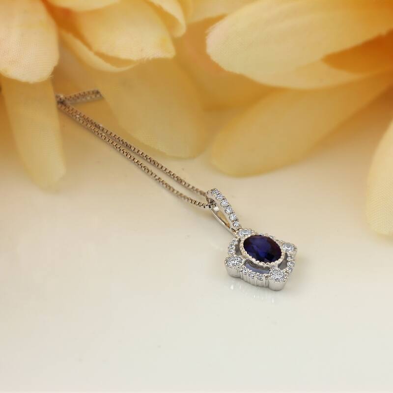 Auriya Fancy Oval Shaped 9/10ct Royal Blue Sapphire and 1/3ctw Halo Diamond Necklace 18k Gold