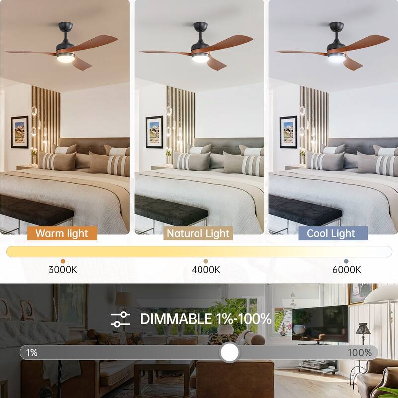 52" Smart Ceiling Fan with Light and Remote Control, 5 ABS Blades, LED Dimmable Optional