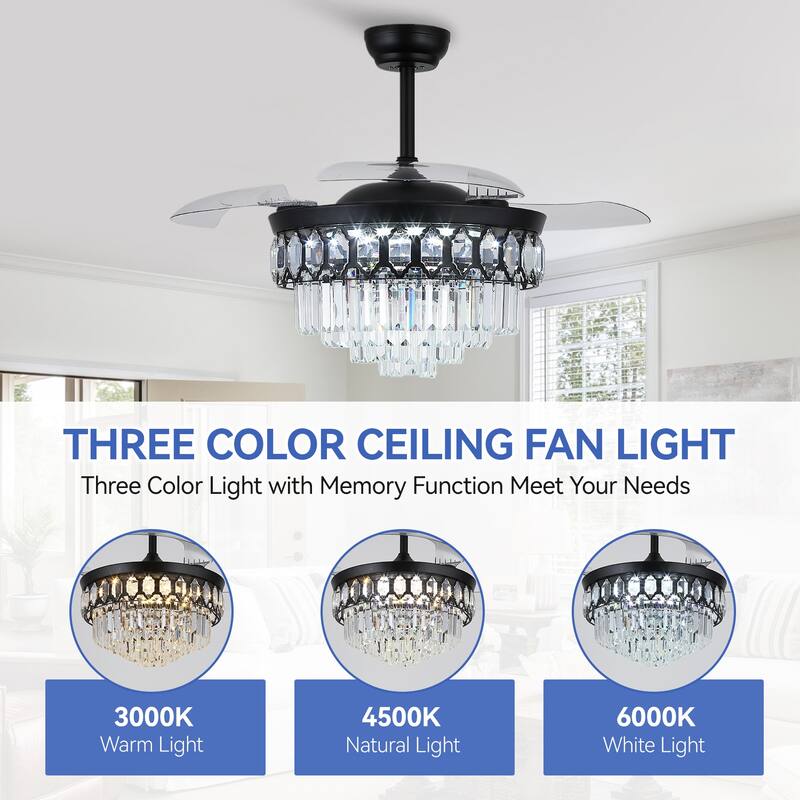 48" Crystal Fandelier Ceiling Fan with Light and Retractable Blades LED Dimmable for Bedroom Living Room - 48 Inches