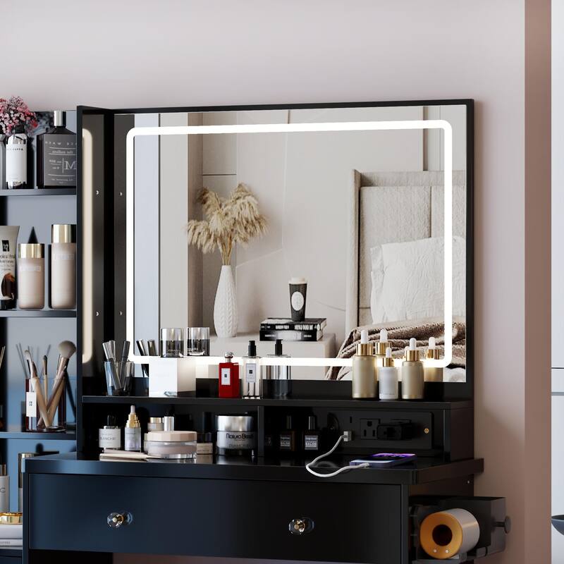 41" Large Size Left Bedside Cabinet Vanity Table + Cushioned Stool Dresser Set, 2 AC+2 USB Power Station, Hair Dryer Stand