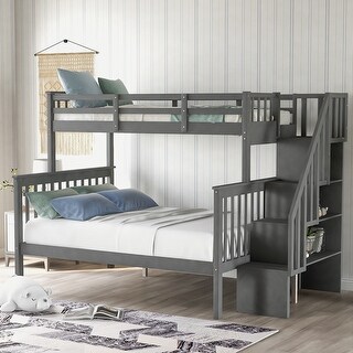 Stairway Twin Over Full Bunk Bed with Storage Stairs and Guardrail, Solid Wood Bedframe for Bedroom, Dorm, for Kids Teens Adults