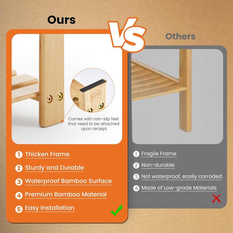 Rossetta 3-Tier Solid Natural Bamboo Compact Storage Shoe Rack Bench, Straightforward Assembly