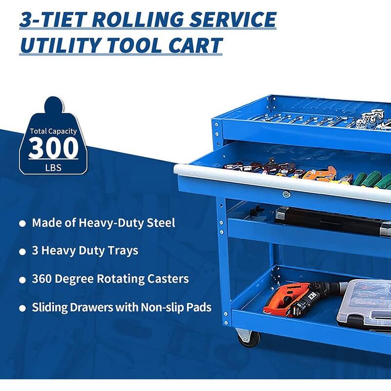 3Tier Rolling Tool Cart on Wheels for Mechanics with Utility Drawer